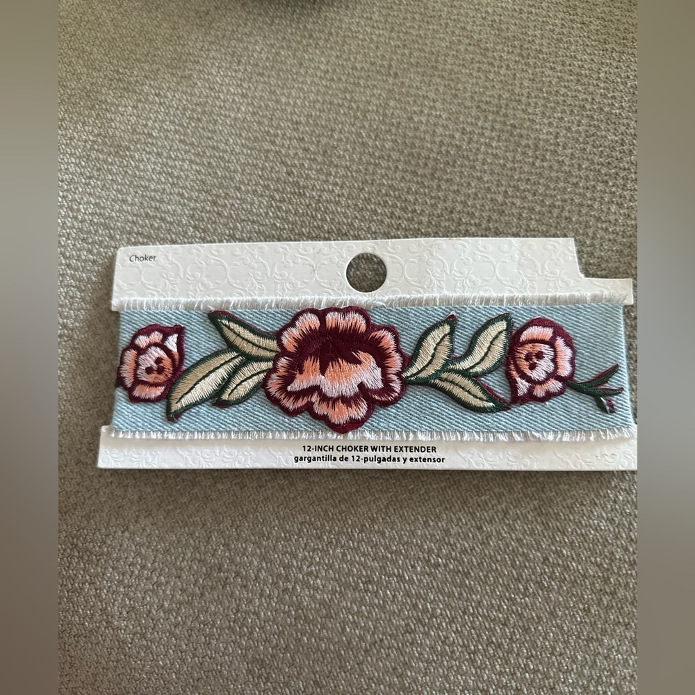 Urban outfitters western embroidered denim choker floral blue pink